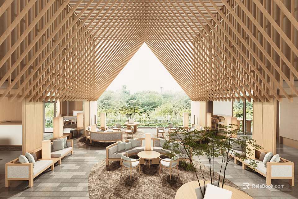 Wooden Lounge Area Interior Design With Open Space Natural Elements Seating And Rug 3d model 