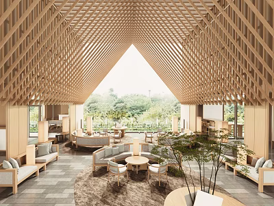 Wooden Lounge Area Interior Design With Open Space Natural Elements Seating And Rug 3d model