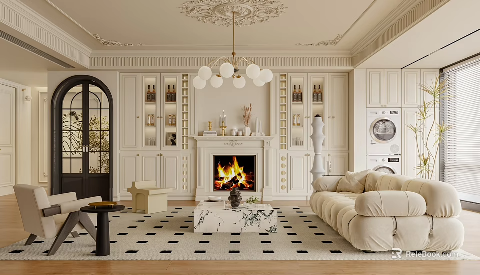 Elegant Modern Living Room Interior With Beige Sofa Fireplace Chandelier Bookshelves And Arched Door 3d model 