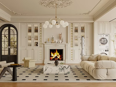 Elegant Modern Living Room Interior With Beige Sofa Fireplace Chandelier Bookshelves And Arched Door 3d model