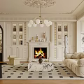Elegant Modern Living Room Interior With Beige Sofa Fireplace Chandelier Bookshelves And Arched Door