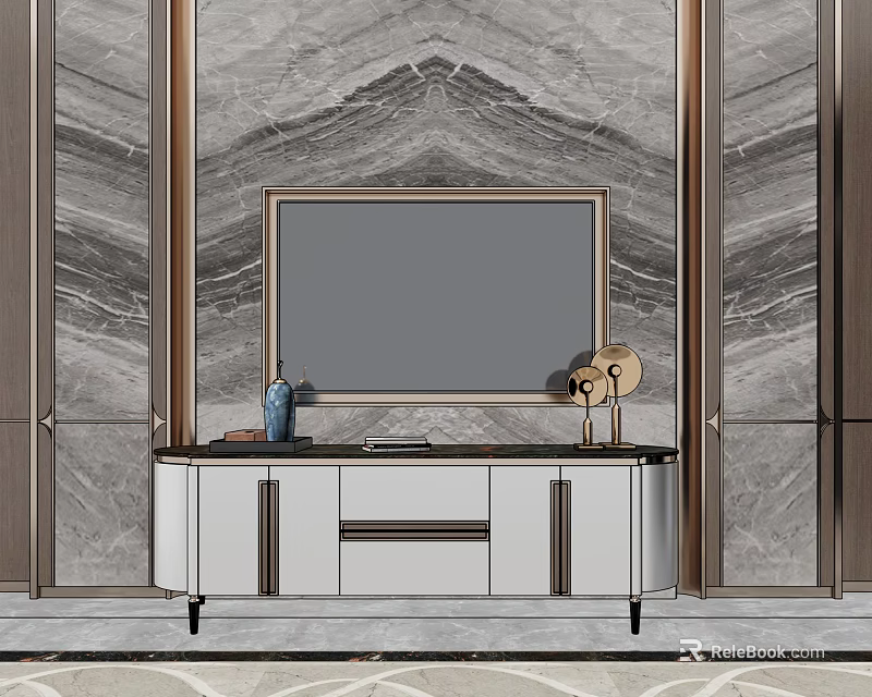 Elegant Modern TV Stand With Marble Wall Backdrop And Decorative Table Lamp On Top 3d model