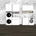 Modern White Bathroom Cabinetry Featuring Washing Machine Sink And Storage Shelves