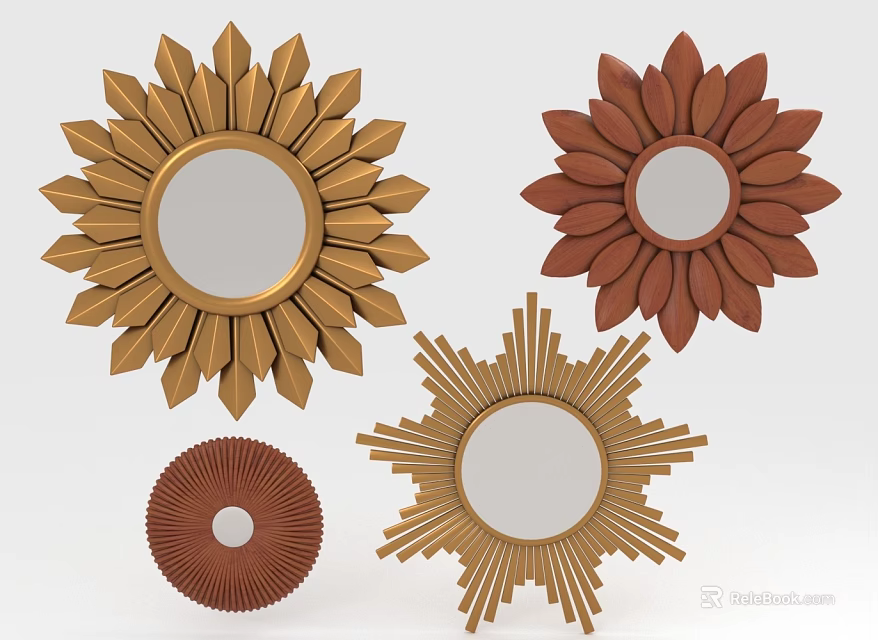 Elegant Sunflower Shaped Wall Decor Mirrors With Gold Brown Frames And Ornate Patterns 3d model