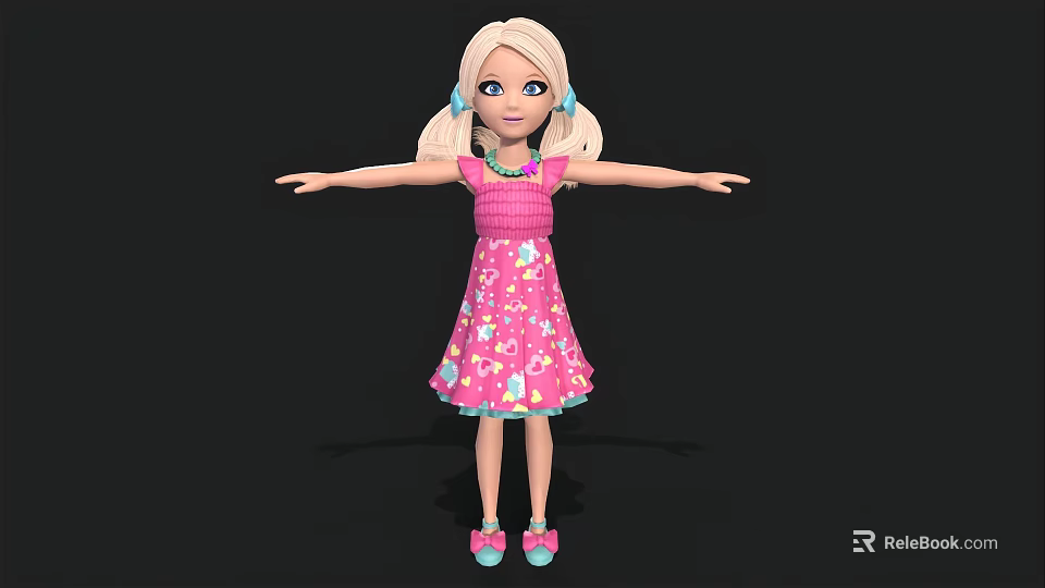 Cute Blonde Girl In Pink Floral Dress With Pigtails And Pink Shoes 3d model 