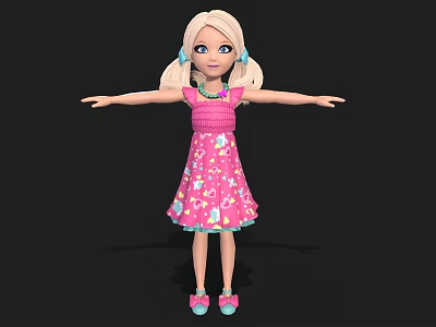 Cute Blonde Girl In Pink Floral Dress With Pigtails And Pink Shoes 3d model
