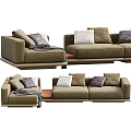Modern Sectional Sofa With Plush Pillows And Wooden Base In Neutral Tones
