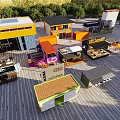 Colorful Container Commercial Street With Modern Shops Outdoor Seating And Green Trees