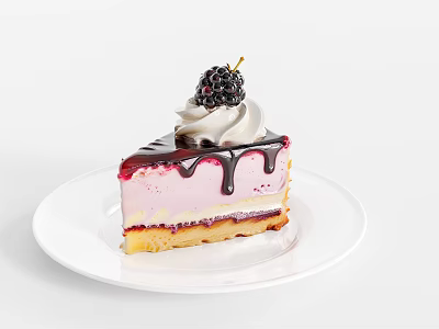 Delicious Layered Cake Slice With Pink Cream Blackberry Topping And Chocolate Drizzle On White Plate 3d model