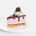 Delicious Layered Cake Slice With Pink Cream Blackberry Topping And Chocolate Drizzle On White Plate