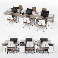 Modern Office Desks Setup With Computer Monitors Keyboards And White Brown Chairs 3d model
