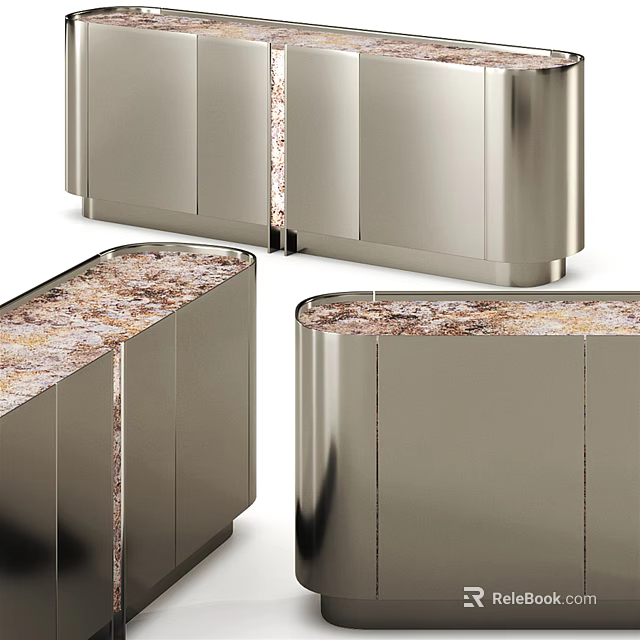 Modern Entryway Console Table and Side Cabinet With Metallic Frame and Patterned Marble Top Design 3d model 
