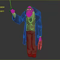 Elderly Male Character in Long Coat Pinstripe Suit With Glasses Umbrella And Red Briefcase