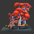 Colorful Cartoon Scene With Red Umbrella Shaped Trees Purple Trunks And Green Grass