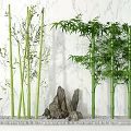 Lush Bamboo Grove with Stacked Rocks Small Pavilion and Light Marble Wall Background