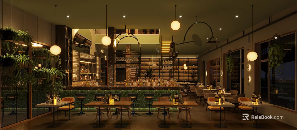 Warm Ambient Bar Interior With Pendant Lights Wooden Tables And Wine Racks 3d model 