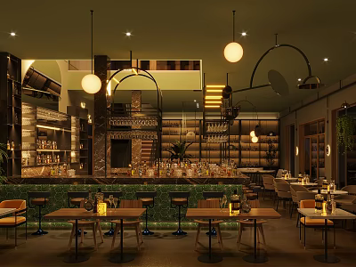 Warm Ambient Bar Interior With Pendant Lights Wooden Tables And Wine Racks 3d model