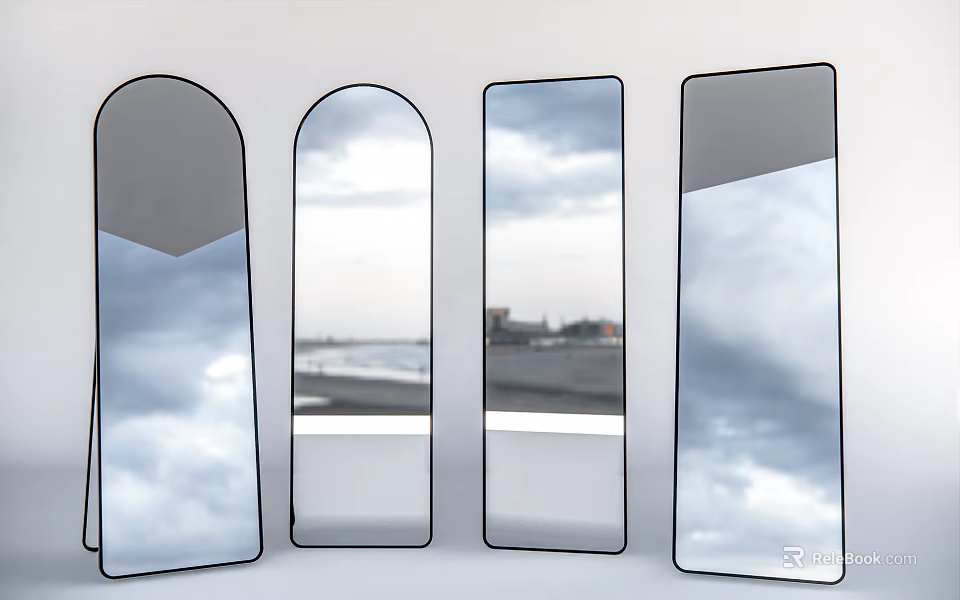 Modern Mirrors in Different Shapes Reflecting Sky and Seaside View for Home Decor 3d model 