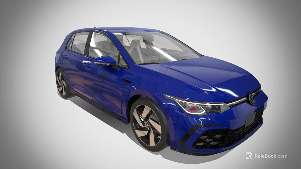 Blue Modern Hatchback Car With Alloy Wheels Front Grille And Headlights 3d model