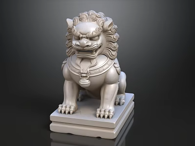 Traditional Stone Lion Sculpture With Ornate Mane Bell And Pedestal Base 3d model