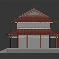 Two Story Ancient Chinese Traditional Building With Red Tile Roof Overhanging Eaves And Stone Steps
