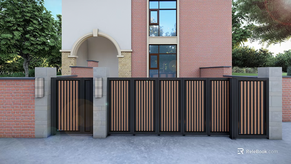 Modern Black And Wooden Entrance Gate With Vertical Slats Stone Pillars And Red Brick Building 3d model 