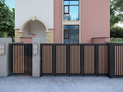 Modern Black And Wooden Entrance Gate With Vertical Slats Stone Pillars And Red Brick Building 3d model