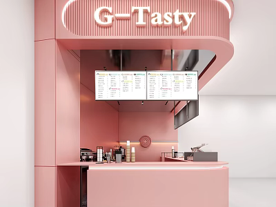 G-Tasty Milk Tea Shop With Pink Counter Digital Menu Screens And Drink Ingredients 3d model