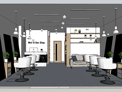 Hair Salon Interior Design With White Barber Chairs Black Mirrors And Sofa Green Plants 3d model