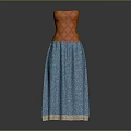 Strapless Long Dress Featuring Orange Diamond Pattern And Blue Textured Skirt With Trim