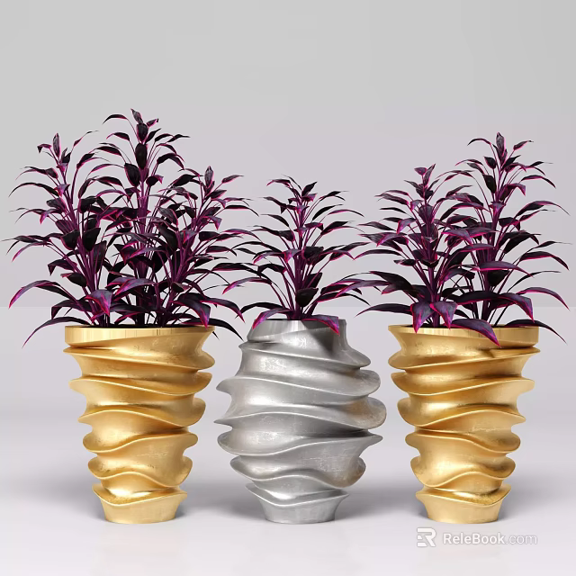 Bonsai Potted Plants with Purple Leaves in Gold and Silver Spiral Texture Pots 3d model 
