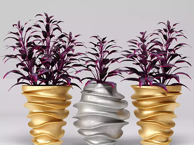Bonsai Potted Plants with Purple Leaves in Gold and Silver Spiral Texture Pots 3d model