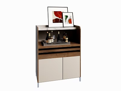 Stylish Modern Entryway Cabinet Sideboard With Decorative Paintings Wine Bottles Tray And Storage Doors 3d model
