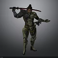 Sci Fi Character In Mechanical Armor Holding Red Lightsaber Standing Pose