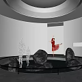 Modern Interior Landscape With Circular Skylight Water Pool Stones Sculptures And Red Dancer