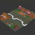 3D Low Poly Terrain Model With Orange Mountains Winding River And White Clouds 3d model