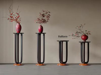 Black Flower Stands With Wooden Base Red Vases And Plants With Red White Blooms 3d model