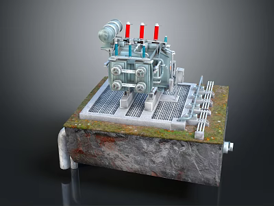 Electrical Switchgear Equipment On Concrete Base With Metal Grid And Red Components 3d model