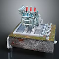 Electrical Switchgear Equipment On Concrete Base With Metal Grid And Red Components