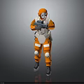 Orange Protective Suit Character With Creature Holding Handheld Equipment In Scene