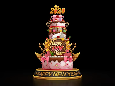 2020 Happy New Year Three Tiered Cake Photo Check in Spot With Top Number Decorations 3d model