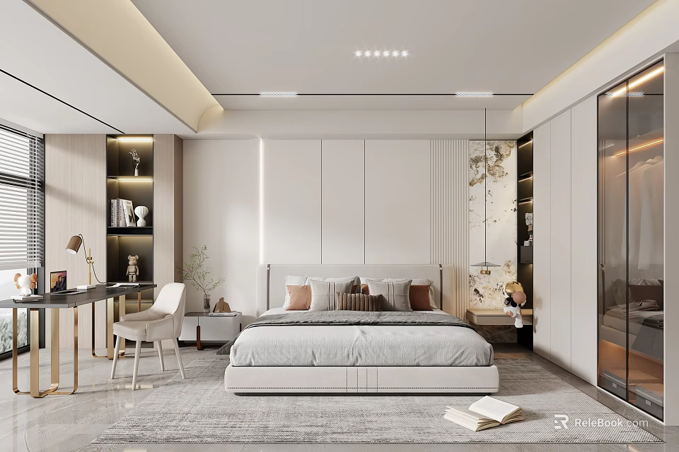 Modern Bedroom Interior Design With White Walls Bed Nightstands Desk Chair And Soft Rug 3d model 
