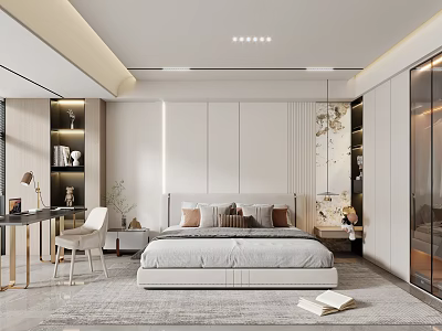 Modern Bedroom Interior Design With White Walls Bed Nightstands Desk Chair And Soft Rug 3d model