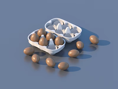 Fresh Brown Eggs in Open White Cartons and Scattered on Blue Background 3d model
