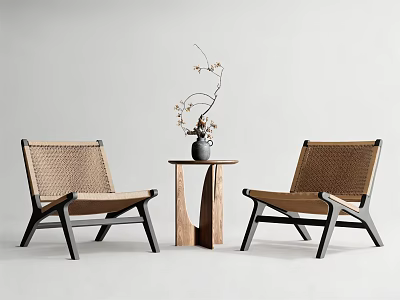 Modern Rattan Accent Chairs with Dark Frame and Wooden Side Table and Vase White Background 3d model