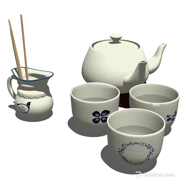 White Ceramic Tea Set With Blue Floral Patterns Teapot And Teacups 3d model 