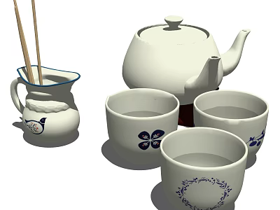 White Ceramic Tea Set With Blue Floral Patterns Teapot And Teacups 3d model