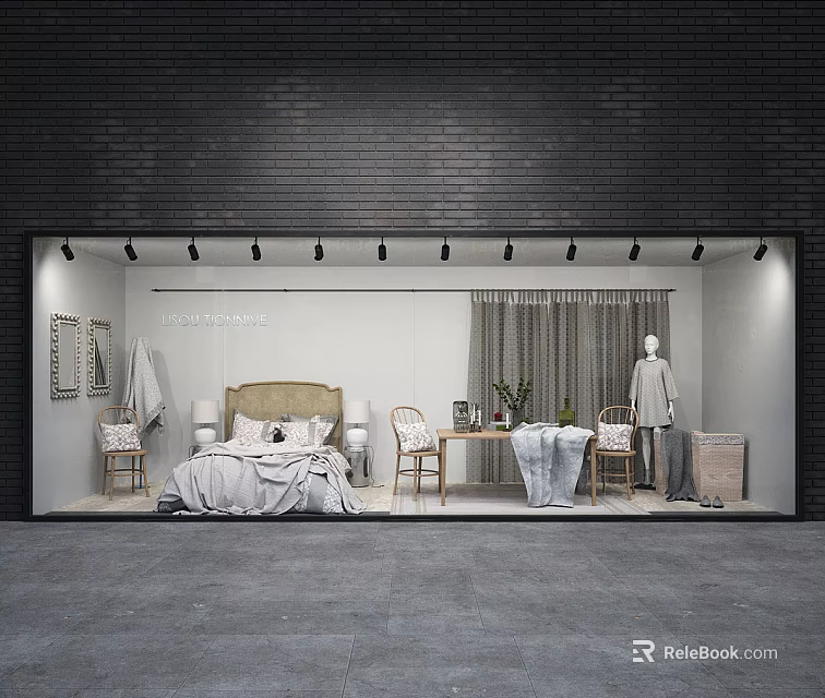 Cozy Modern Bedroom Window Display With Bed Pillows Wooden Chairs Mannequin Curtains And Framed Art 3d model 