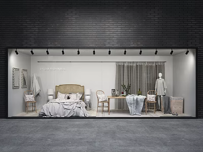 Cozy Modern Bedroom Window Display With Bed Pillows Wooden Chairs Mannequin Curtains And Framed Art 3d model