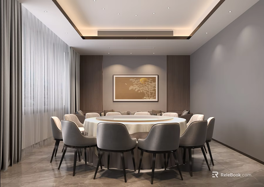 Modern Private Dining Room Interior With Round Table Gray Chairs And Map Wall Art 3d model